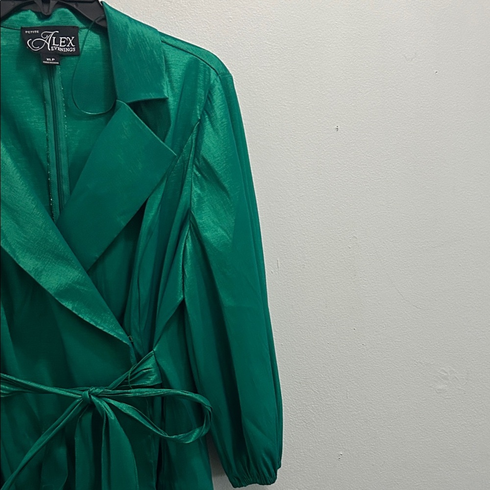 Alex Evenings Emerald Satin Wrap Blazer with Tie Waist - Picture 3 of 7
